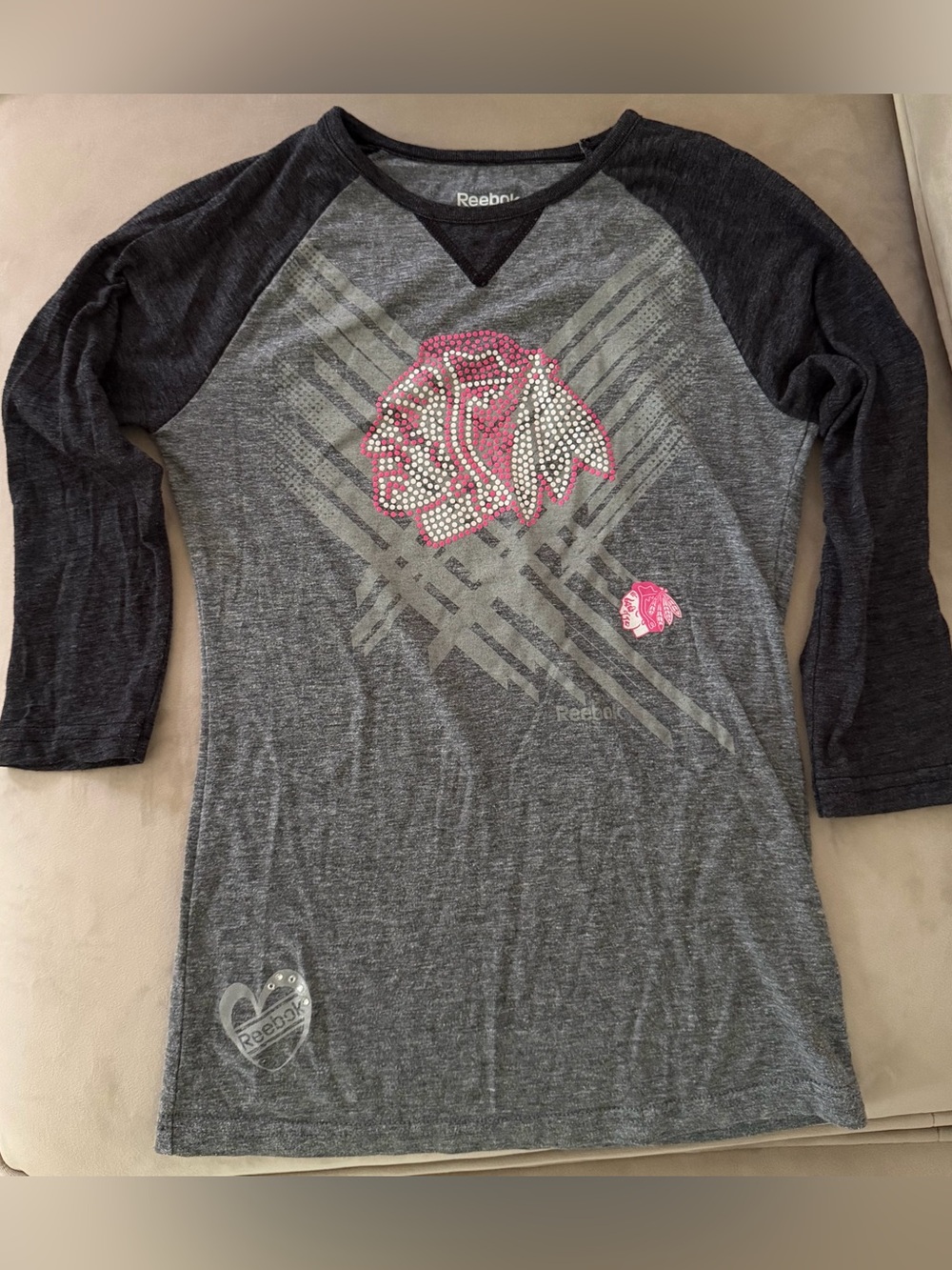 Reebok Chicago Blackhawks 3/4 Sleeve Tee with Pink Rhinestones